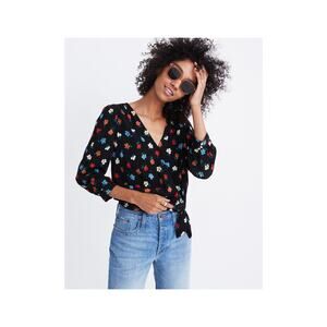 Madewell Black Wrap Top in Pressed Flowers 3/4 Sleeve Cropped Size S